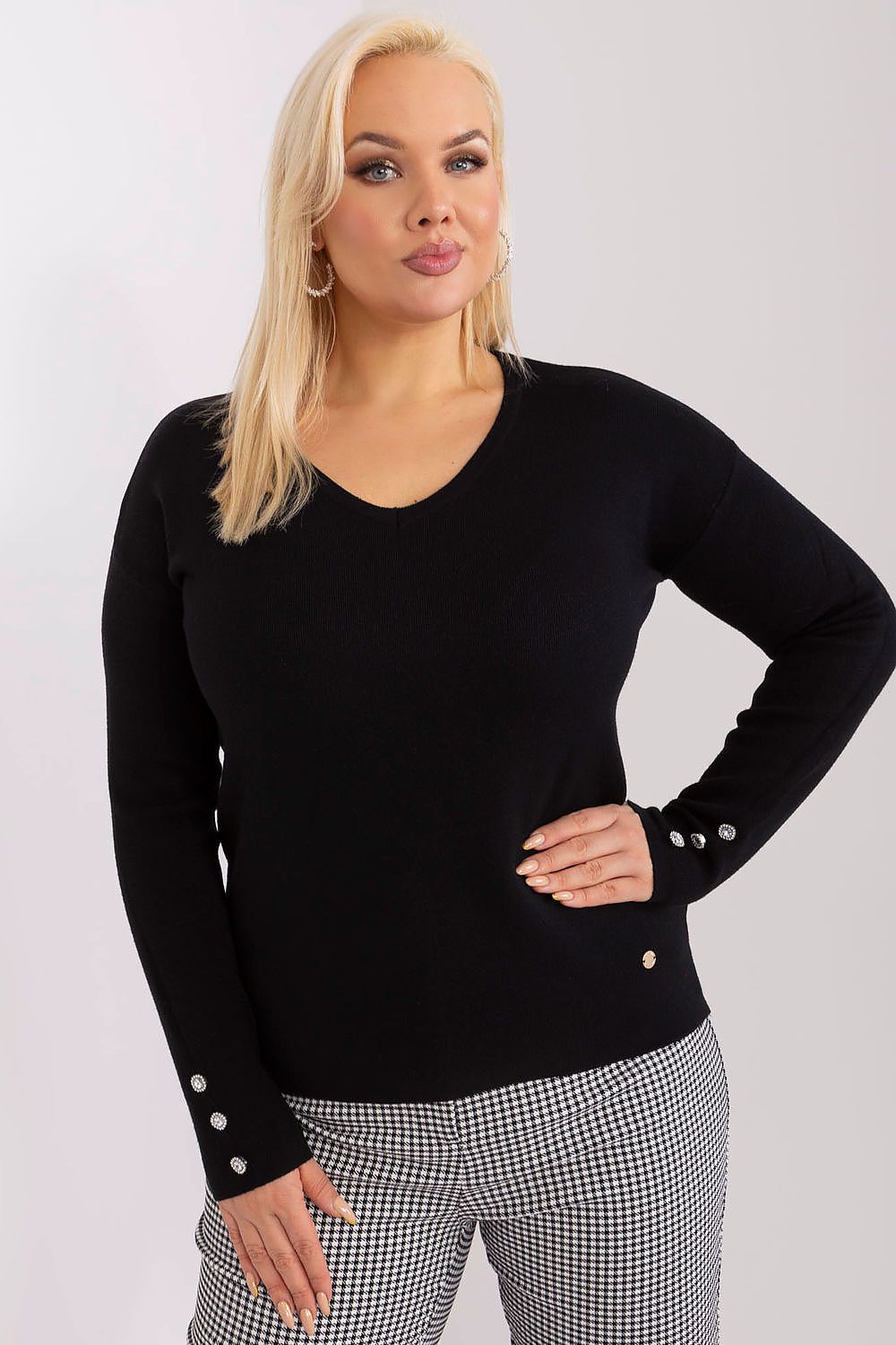 Chic plus size women's sweater in standard length with refined V-neck design, designed by Factory Price for elegant office wear.