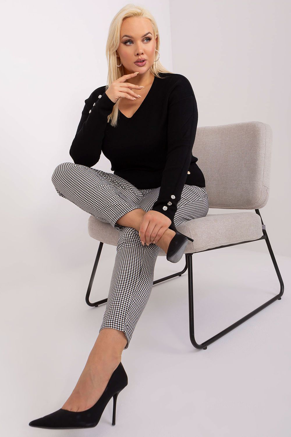 Stylish plus size women's sweater with decorative buttons at cuffs, perfect for formal occasions, brought to you by Factory Price.