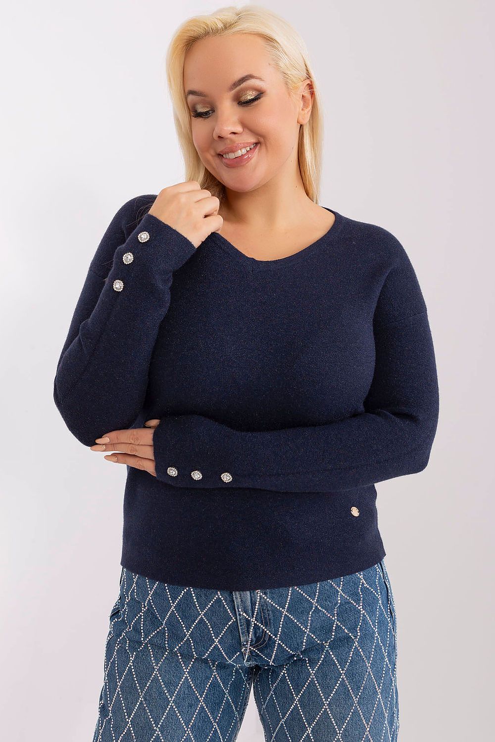 Elegant plus size women's sweater with V-neck and decorative buttons by Factory Price, showcasing a sophisticated style perfect for the workplace.