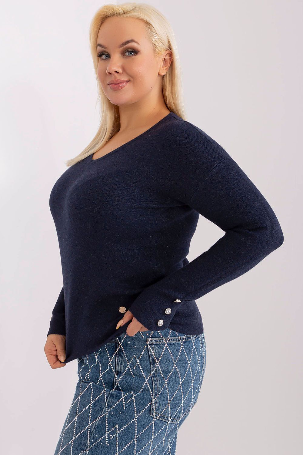Stylish plus size women's sweater featuring a luxurious v-neck design and refined decorative buttons from Factory Price, ideal for business casual attire.