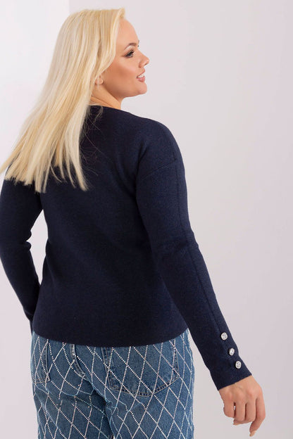 Chic plus size women's sweater crafted from soft viscose by Factory Price, incorporating a v-neck and elegant button accents for an upscale look.