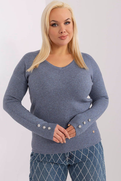 Luxurious plus size women's sweater in a classic style with V-neck and sophisticated button detailing by Factory Price, perfect for stylish workwear.