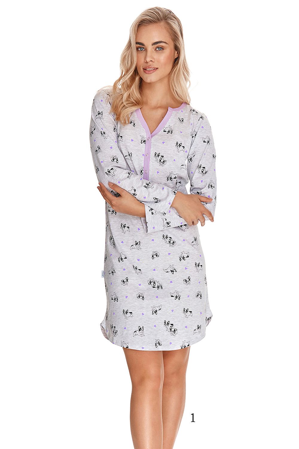 Taro Women's luxurious long-sleeved cotton nightshirt featuring a stylish V neckline and elegant contrasting piping, designed for supreme comfort and sophistication.