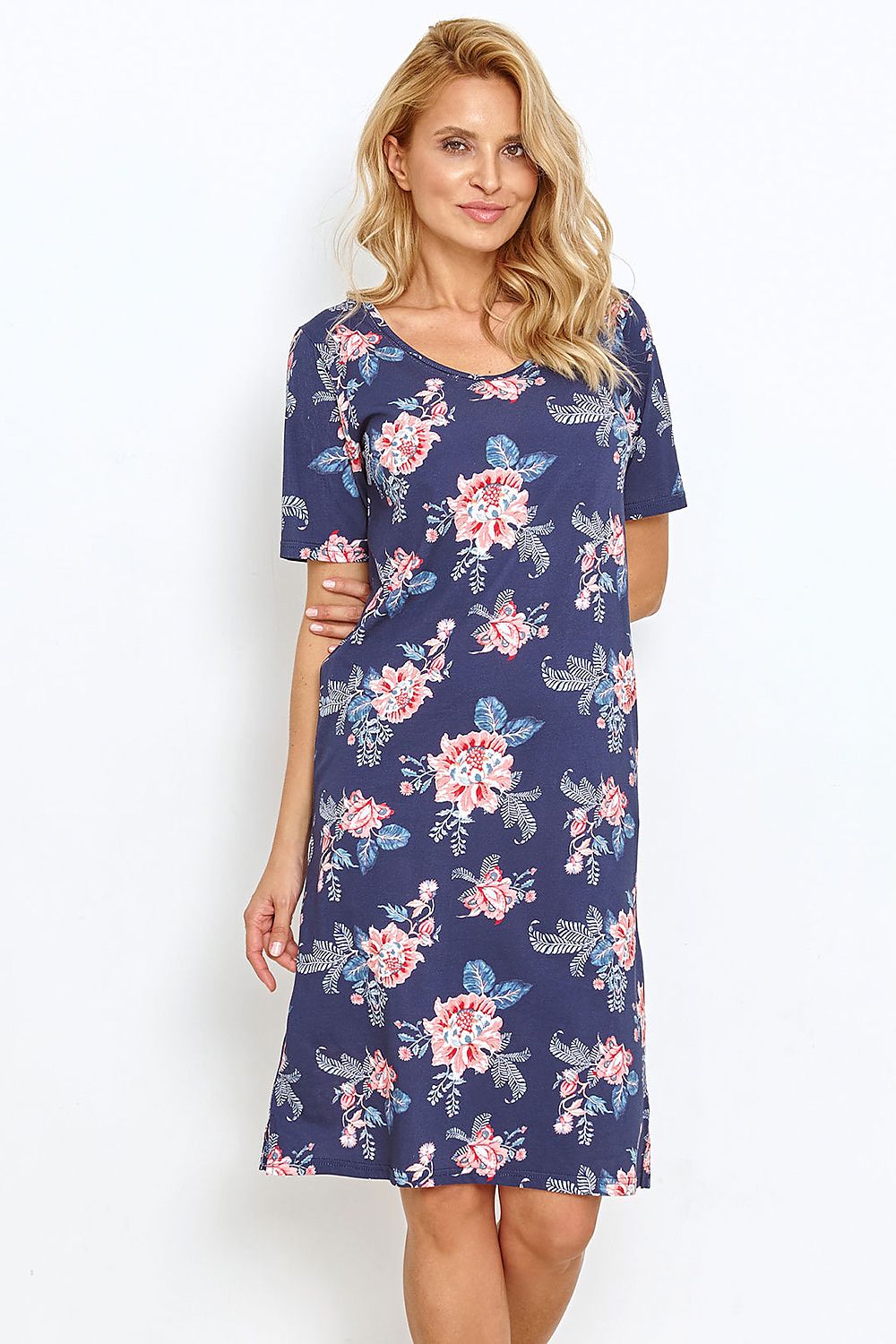 Luxury women's navy blue cotton nightshirt by Taro, featuring a vibrant floral print, knee-length design, and short sleeves.