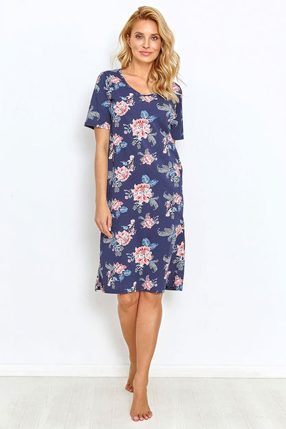 Elegant cotton nightshirt for women by Taro in navy blue, adorned with a colourful floral pattern, knee-length and stylish short sleeves.