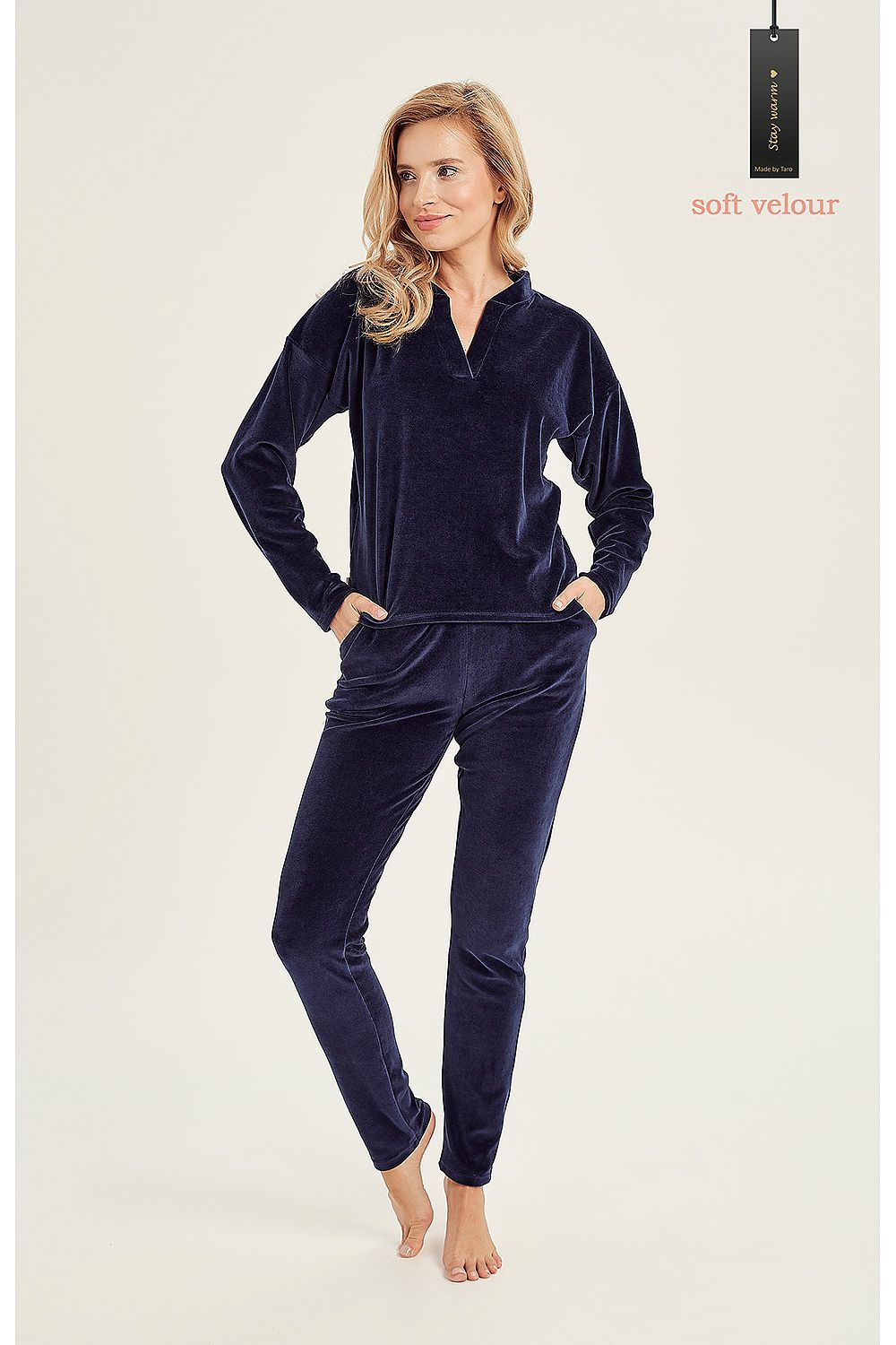 Taro luxury women's velour tracksuit featuring a stand-up collar and comfortable pockets, perfect for sportswear and casual styling.