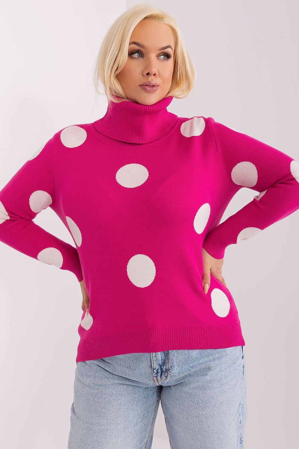 Close-up of the luxurious decorative large peas on the plus size turtleneck sweater by Factory Price, showcasing its unique design and quality craftsmanship.