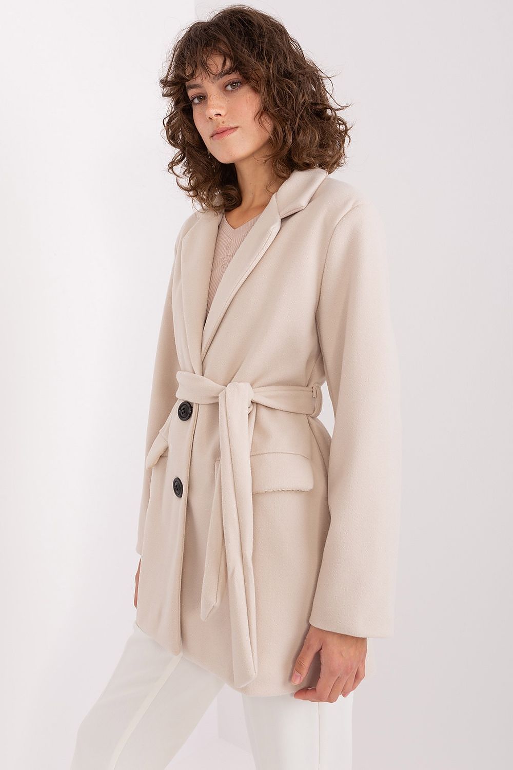 Elegant women's coat by Och Bella, showcasing a classic polyester design with a smooth texture, perfect for transitional seasons and versatile styling.