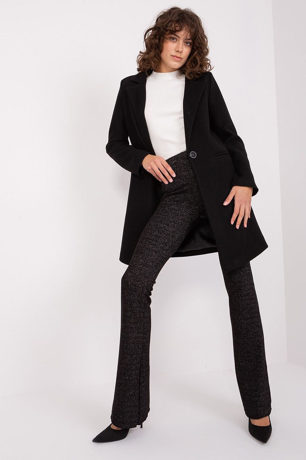 Elegant detail of Och Bella Women's Classic Coat, highlighting its button closure and sophisticated classic style.