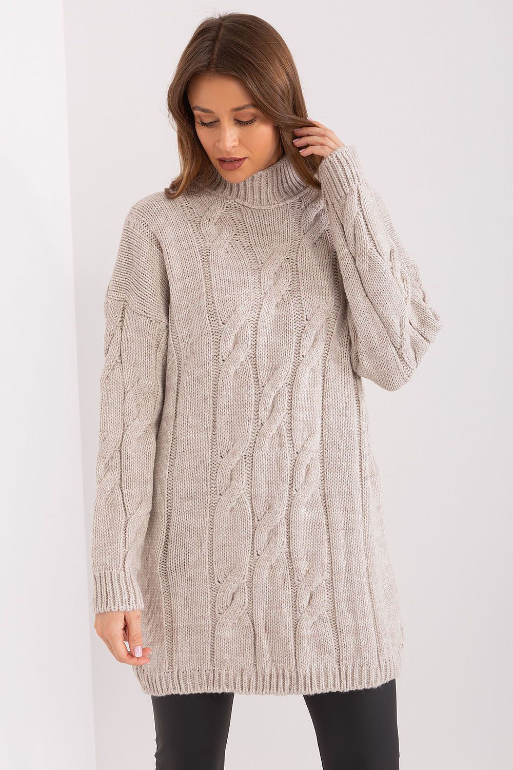 Elegant Rue Paris long sleeve daydress featuring a turtleneck and unique variegated fabric, perfect for casual and stylish wear.