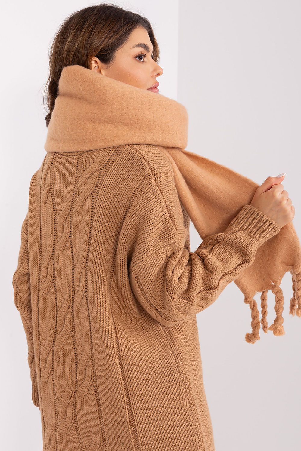 Luxury 100% polyester long scarf with tassels by AT, showcasing a smooth texture and elegant design, perfect for stylish layering in fall and winter.