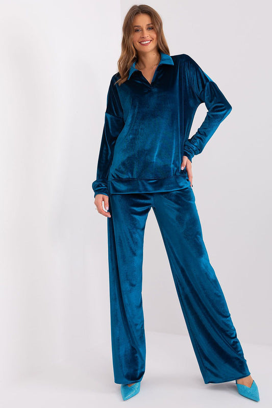 Lakerta Women's Velour Comfort Set featuring a stylish long sleeve blouse and high waist wide leg pants, perfect for luxurious comfort.