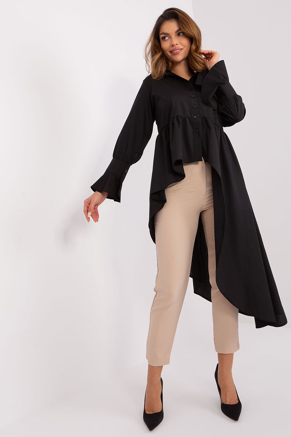 Elegant Lakerta long sleeve shirt featuring a delicate frill and unique asymmetrical hem design, perfect for a luxurious casual look.