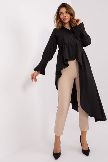 Elegant Lakerta long sleeve shirt featuring a delicate frill and unique asymmetrical hem design, perfect for a luxurious casual look.