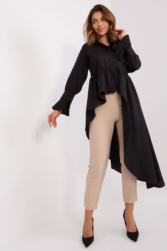 Elegant Lakerta long sleeve shirt featuring a delicate frill and unique asymmetrical hem design, perfect for a luxurious casual look.