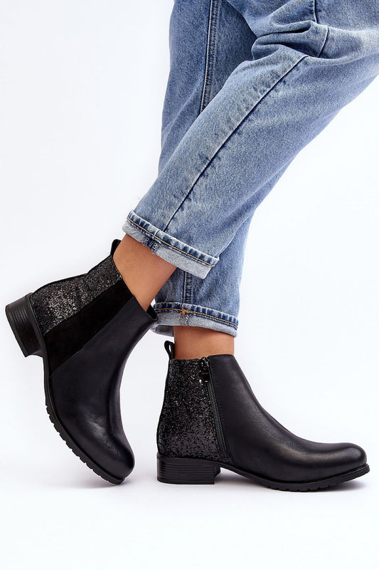 Elegant women's jodhpur boots in eco leather by Step in Style, featuring a sleek zipper, ankle-length design, and stunning sequins for a luxurious touch.