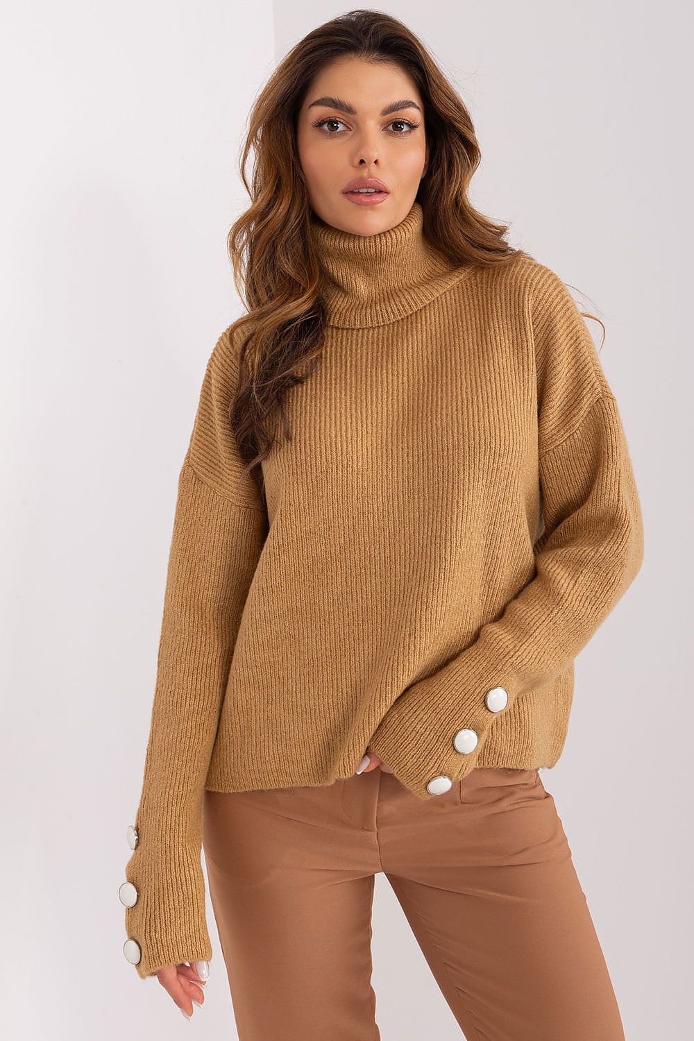 Elegant long sleeve turtleneck sweater by Badu featuring decorative buttons, crafted from high-quality acrylic for luxurious comfort.