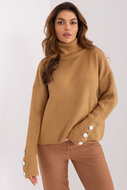 Elegant long sleeve turtleneck sweater by Badu featuring decorative buttons, crafted from high-quality acrylic for luxurious comfort.