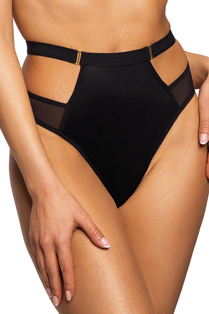 Luxurious Denise High-Waisted T-Back Thong by Mat in classic black, featuring sophisticated cutouts and crafted from premium microfiber and mesh.