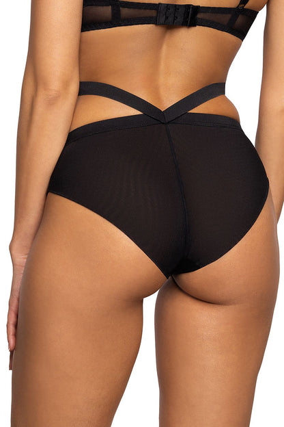 Luxurious Dotssy women's black see-through mesh panties with decorative waist straps, crafted by Mat, showcasing a stylish dotted design for an elegant and seductive appeal.