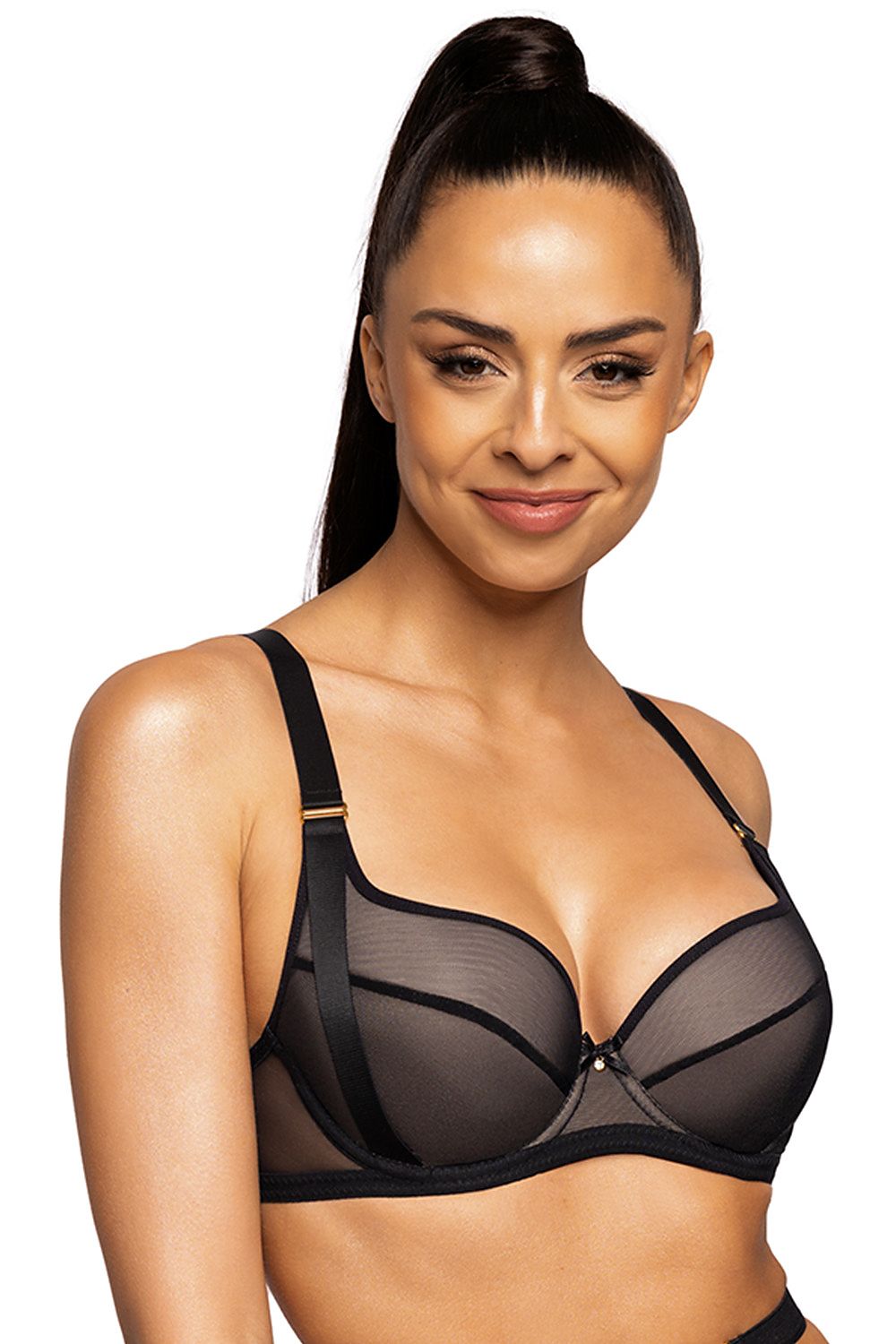 Elegant beige push-up bra by Mat featuring delicate black mesh, adjustable straps, and luxurious gold accents for sophisticated lingerie styling.