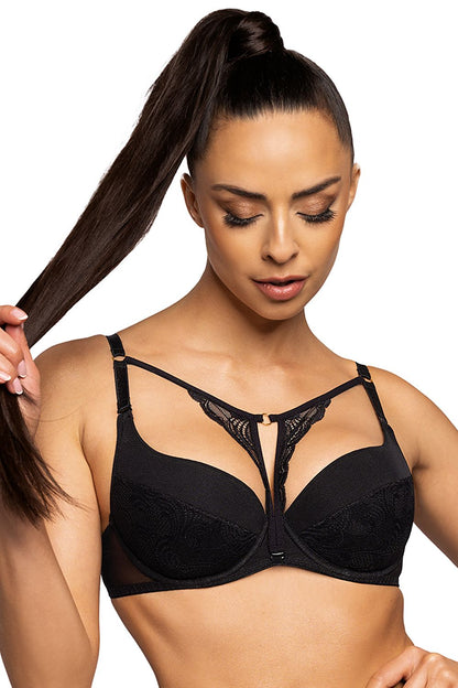 Luxurious black push-up bra from Mat featuring elegant lace inserts and adjustable straps, designed for a feminine silhouette with soft cotton lining.