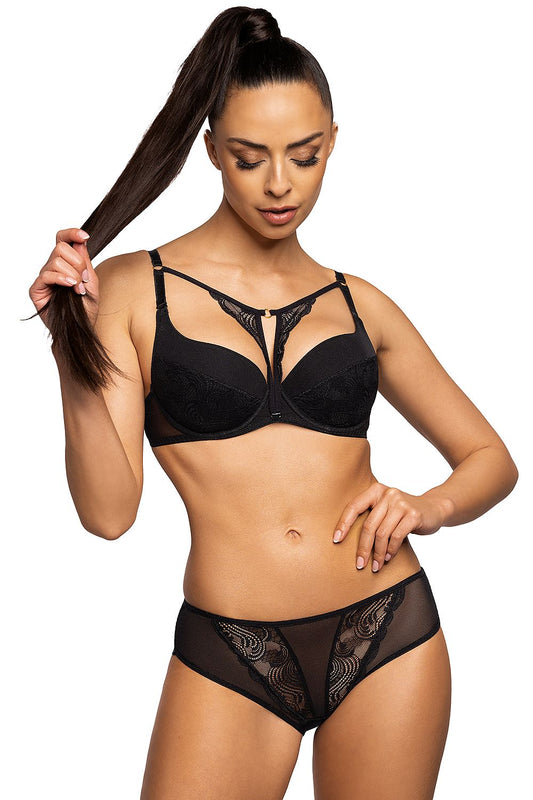 Elegant black push-up bra by Mat featuring luxurious lace insert, adjustable straps, and soft cotton lining for ultimate comfort and style.