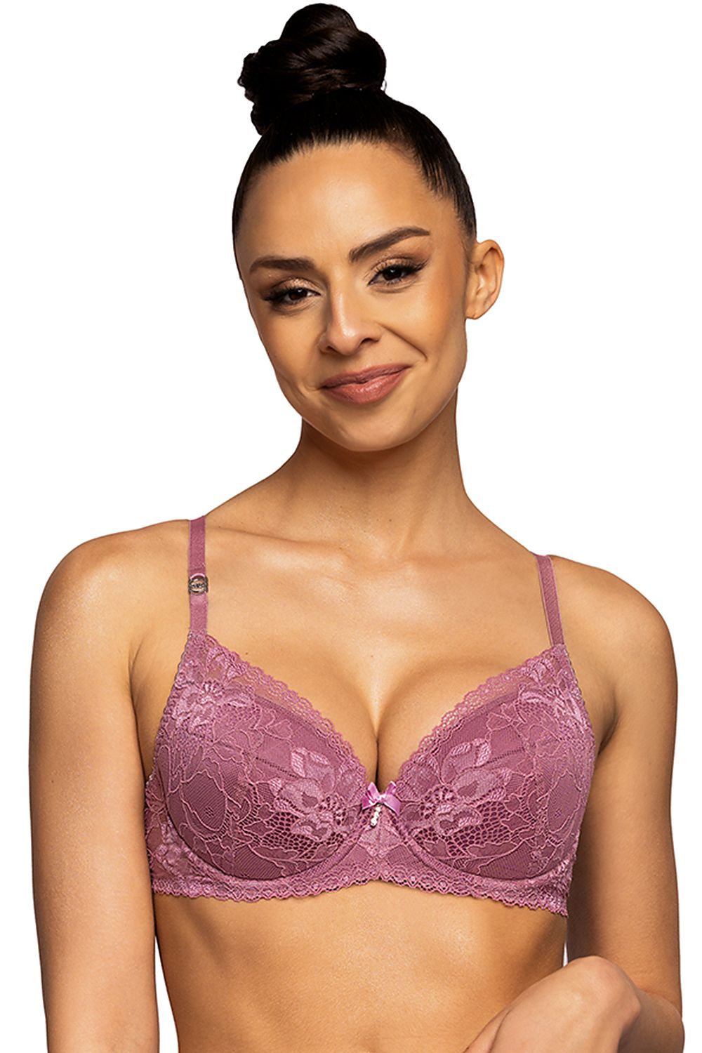 Luxurious pink lace push-up bra by Mat, featuring removable inserts, adjustable straps, and exquisite floral detailing.