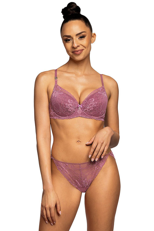 Elegant push-up bra in pink lace from Mat, designed with cotton lining, stylish bow decoration, and adjustable hook-and-loop fastening.