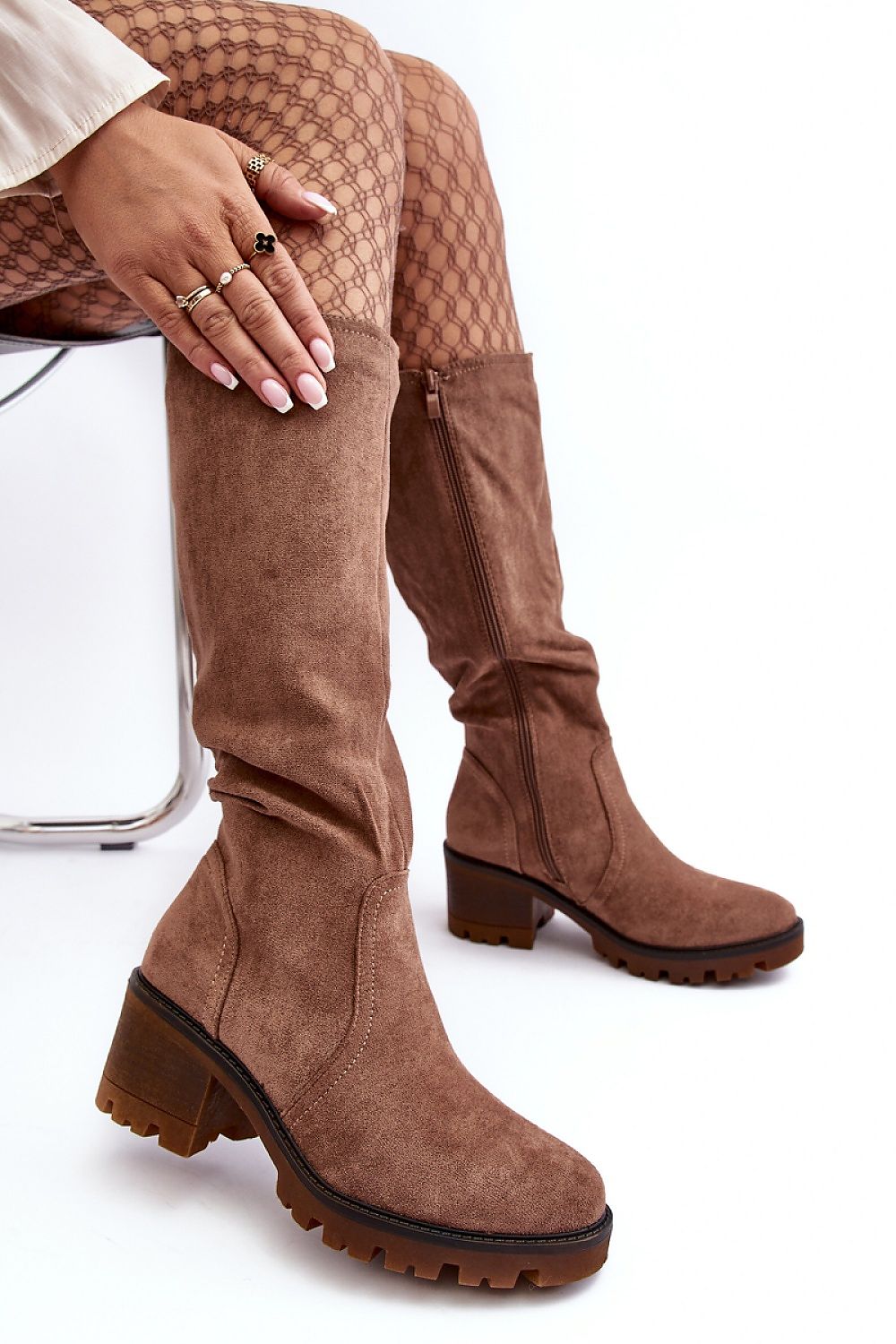 Luxury eco-suede thigh-high boots for women by Step in Style, featuring a stylish zipper and a 6.5 cm heel, perfect for chic autumn and winter looks.
