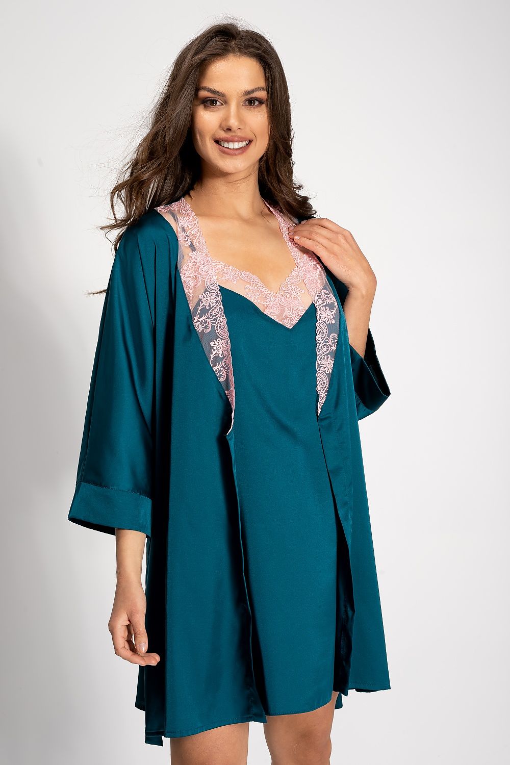 Momenti Per Me luxury satin bathrobe showcasing cuffed sleeves and short underskirt, ideal gift for stylish relaxation.