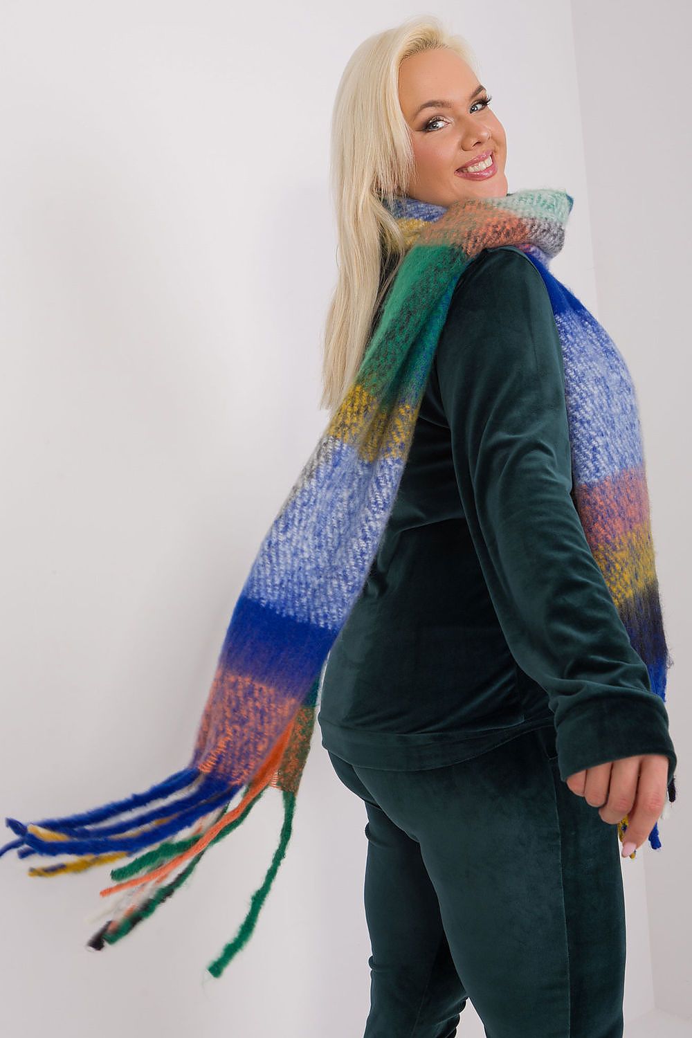 Elegant 190 cm colourful plaid scarf with tassels by AT, perfect for stylish fall and winter layering.