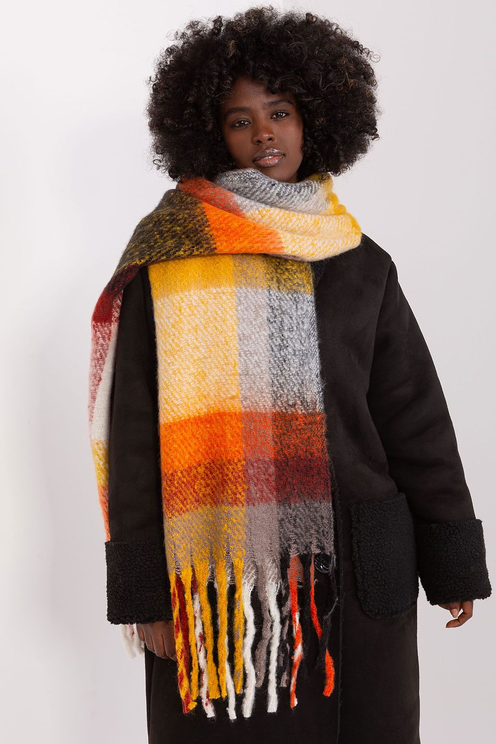Sophisticated colourful plaid scarf with tassels by AT, a versatile accessory for enhancing winter_style.