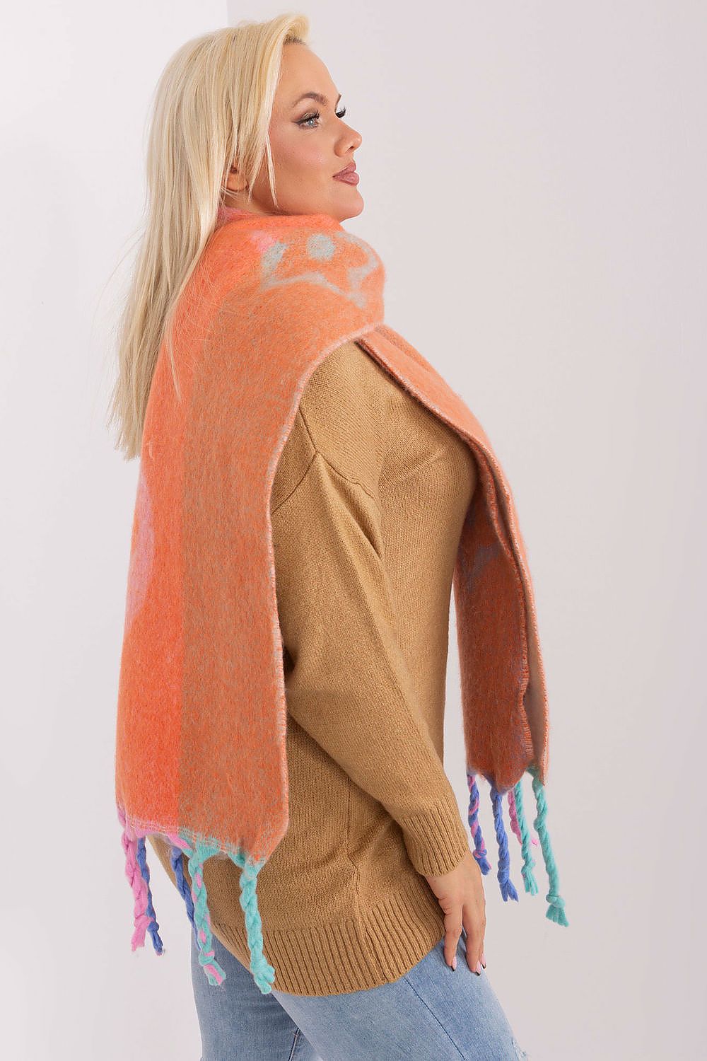 Luxurious long polyester scarf with intricate stripe patterns and tassels by AT, designed for autumn and winter wear.
