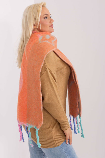 Luxurious long polyester scarf with intricate stripe patterns and tassels by AT, designed for autumn and winter wear.