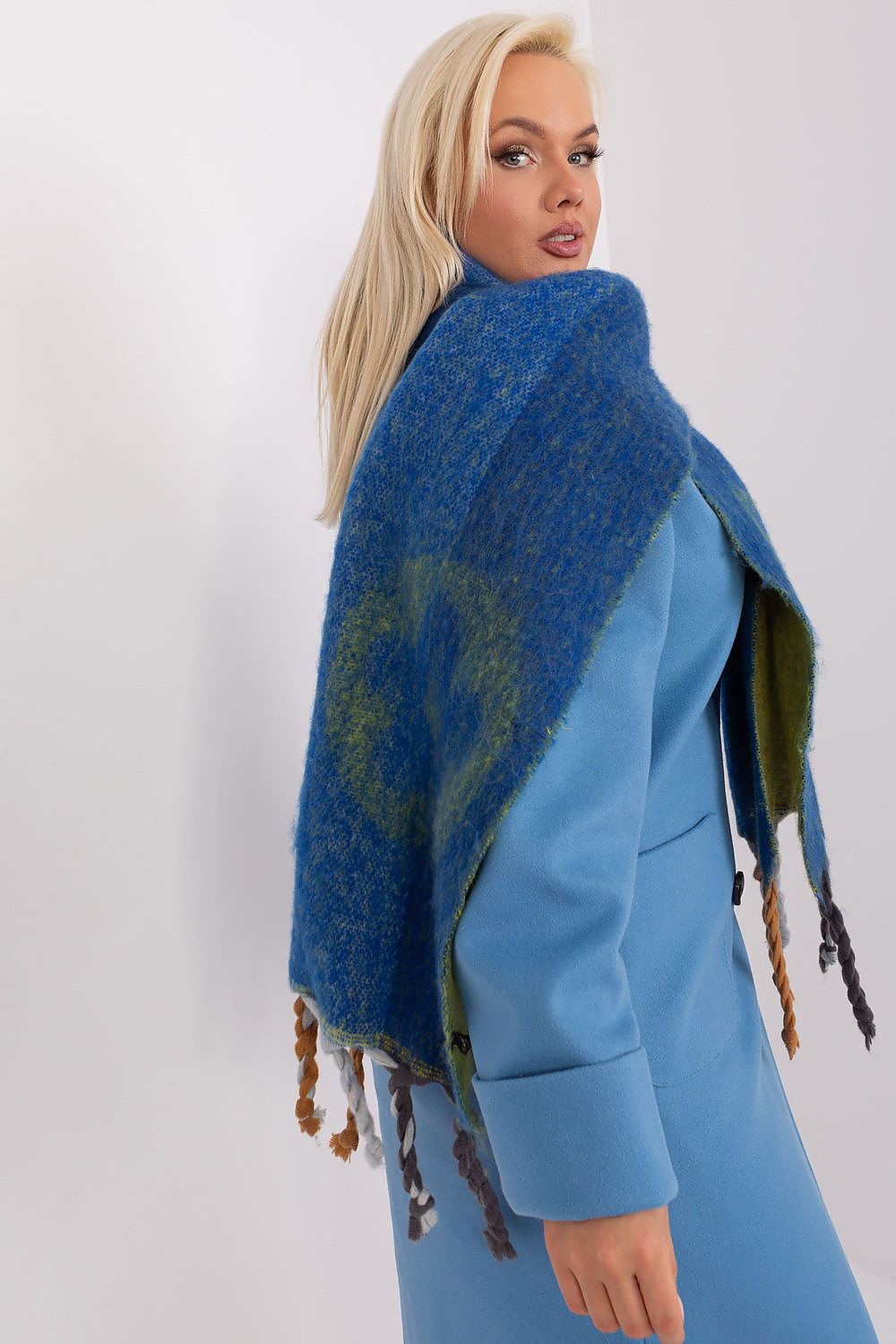 Stylish autumn-winter accessory by AT, showcasing a long striped polyester shawl scarf with decorative patterns and tassels.