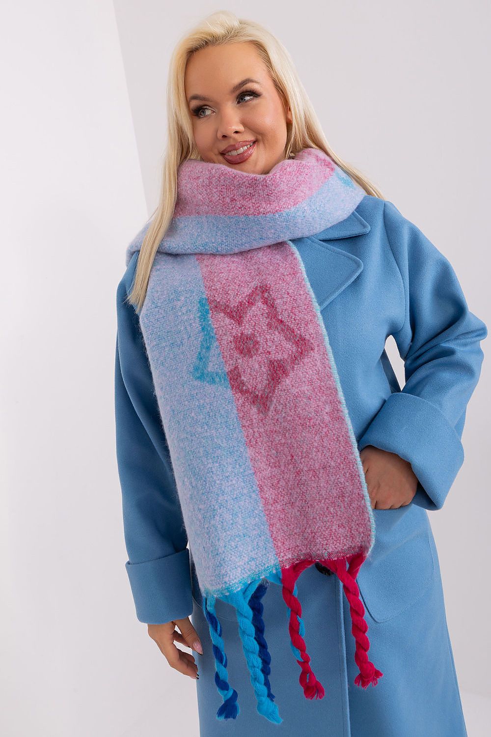 Sophisticated polyester shawl scarf by AT, featuring a blend of stylish stripes and playful tassels, perfect for layering in colder months.
