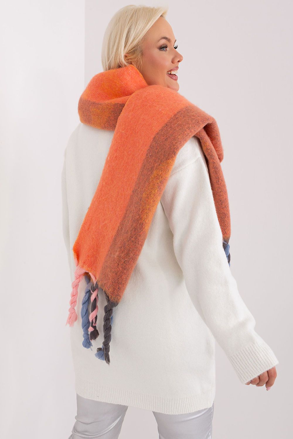 Elegant striped polyester shawl scarf with tassels by AT, perfect for autumn-winter styling.