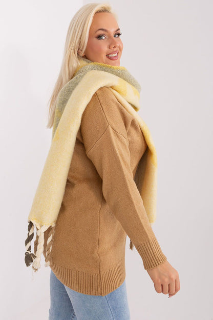 Elegant polyester shawl scarf with decorative stripes and tassels from AT, ideal for layering during colder seasons.