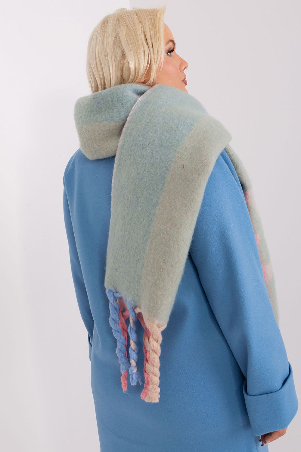 Versatile long striped scarf with decorative patterns and tassels from AT, perfect for stylish layering in cold weather.