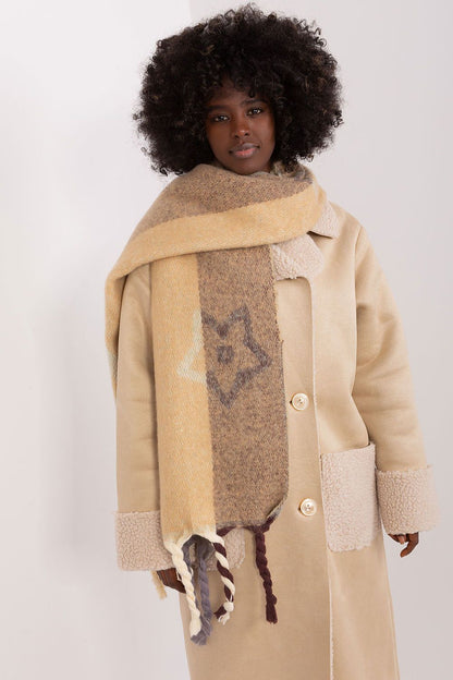 Versatile 206 cm polyester shawl scarf draped elegantly, featuring artistic patterns, ideal accessory by AT for colder days.