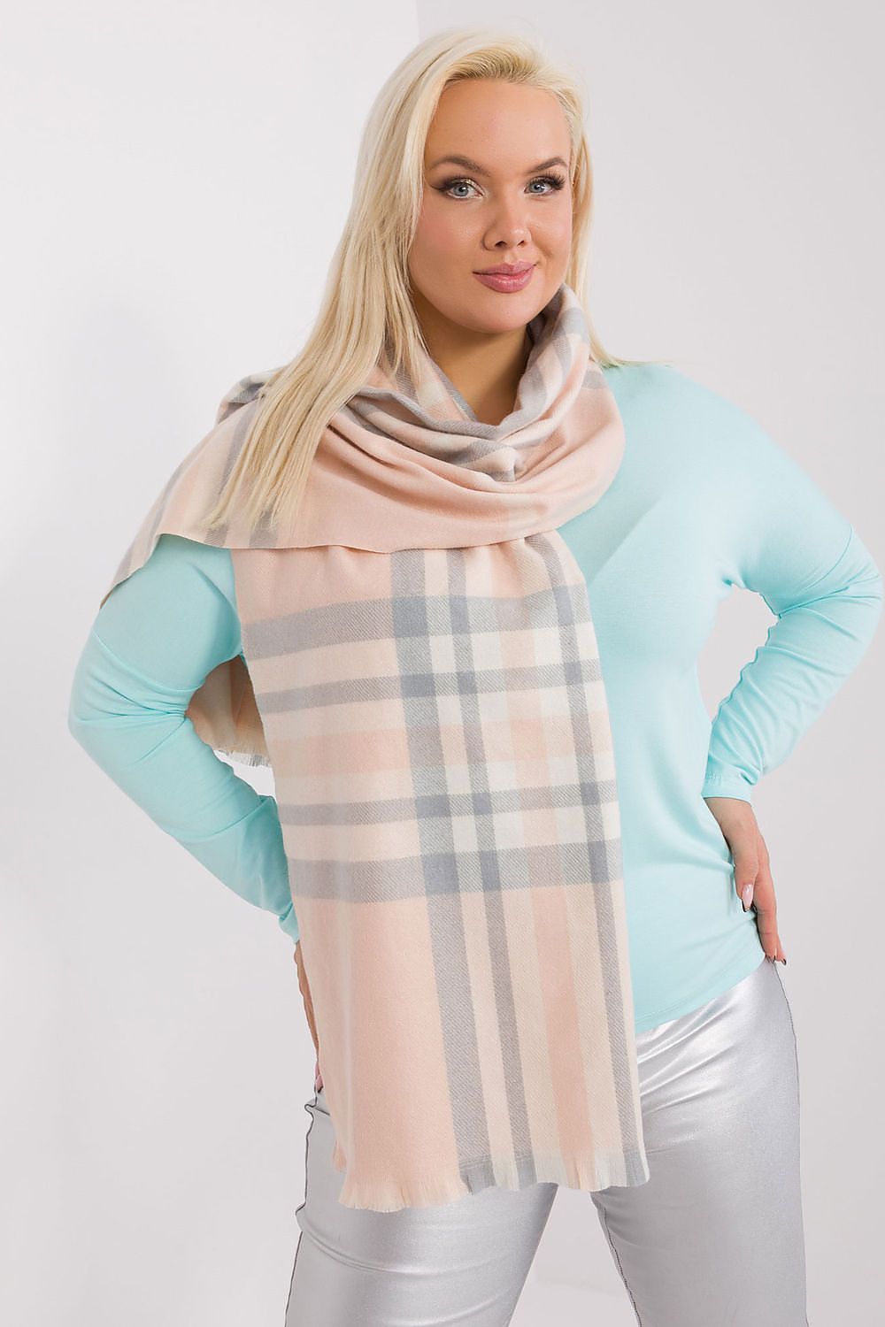 Luxurious long colourful plaid scarf made from 100% polyester by AT, perfect for stylish winter layering.