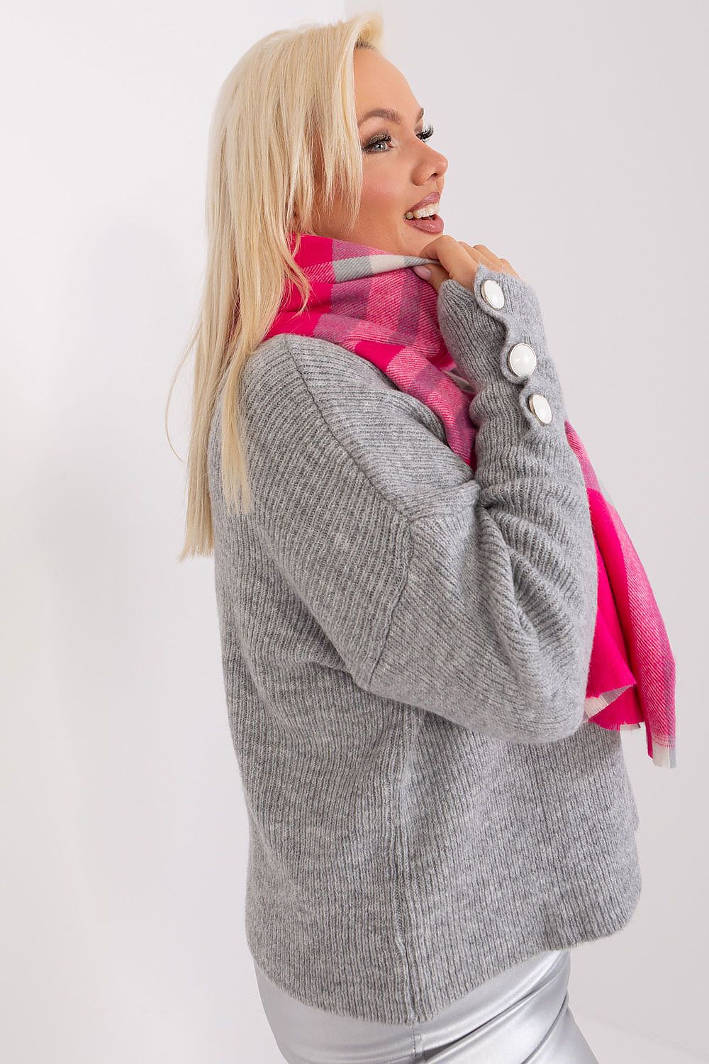 Versatile and chic long plaid scarf made from 100% polyester by AT, perfect for multiple winter styling options.