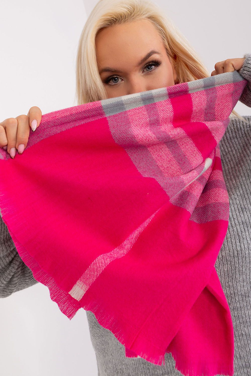Sophisticated 100% Polyester colourful plaid scarf by AT, adds character and sophistication to any winter look.