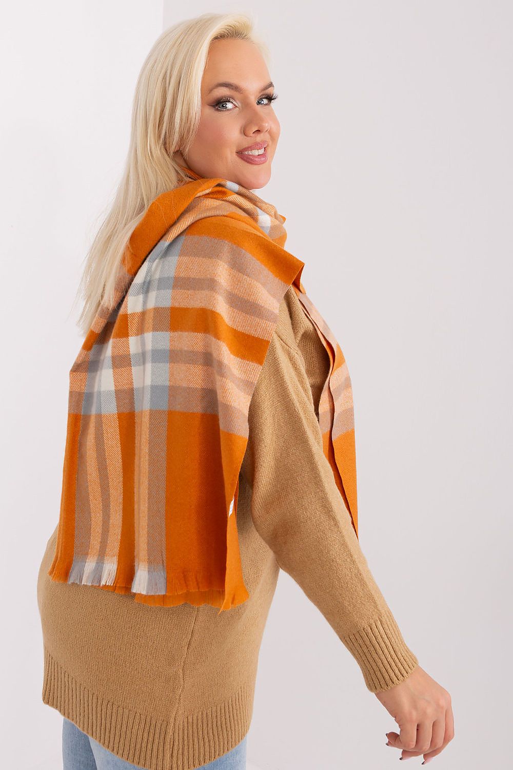 Chic long colourful plaid scarf crafted from premium 100% polyester by AT, an essential winter accessory to elevate your style.