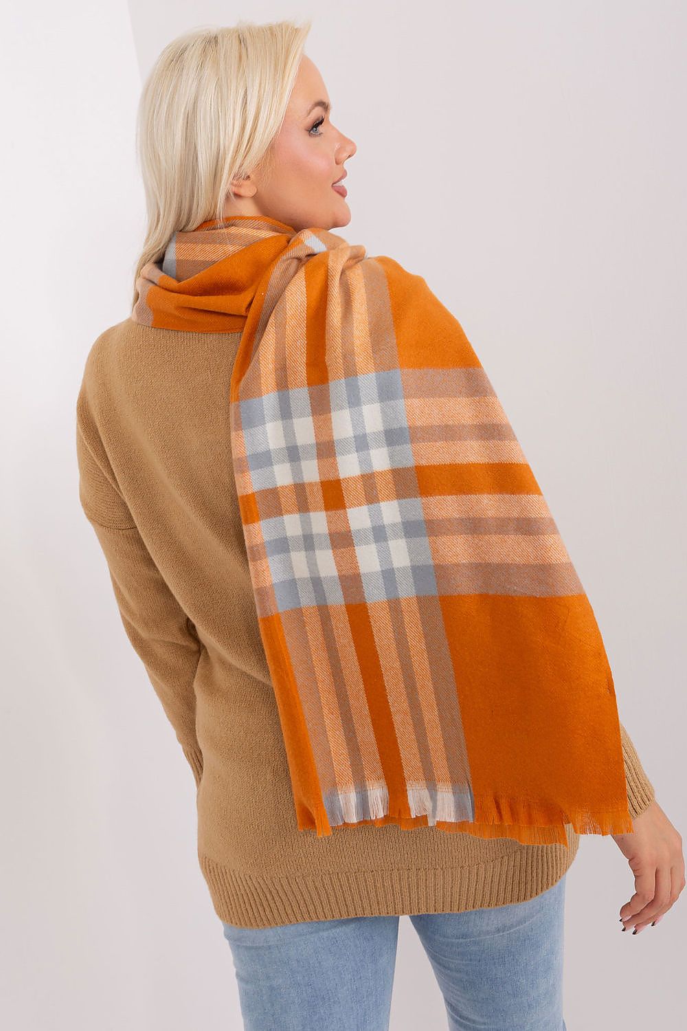 Luxurious 100% polyester long colourful plaid scarf by AT, perfect for adding warmth and style to your winter wardrobe.