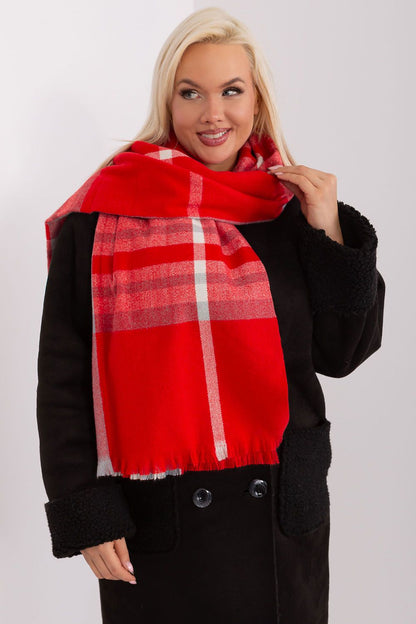 Stylishly draped 100% polyester plaid scarf from AT, demonstrating multiple wearing options for cold weather chic.
