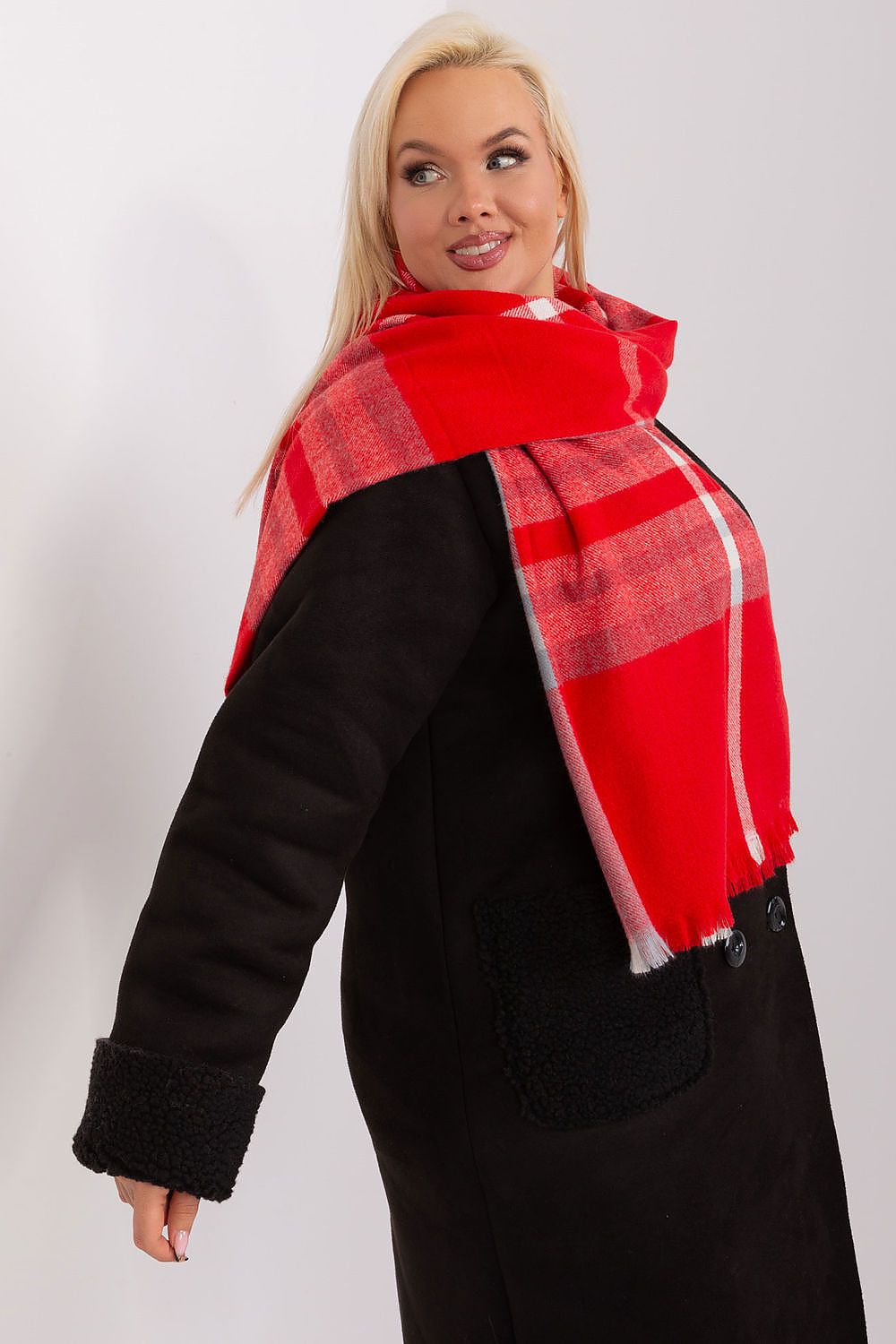 Elegant long colourful plaid scarf by AT, a fashionable accessory designed to enhance any winter outfit.