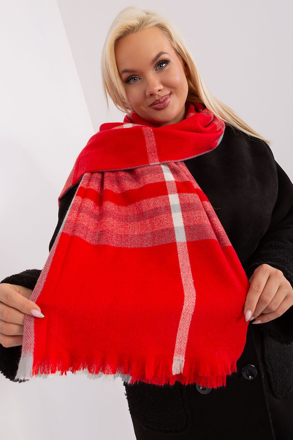 Luxurious long colourful plaid scarf by AT, made from 100% polyester, perfect for winter styling.