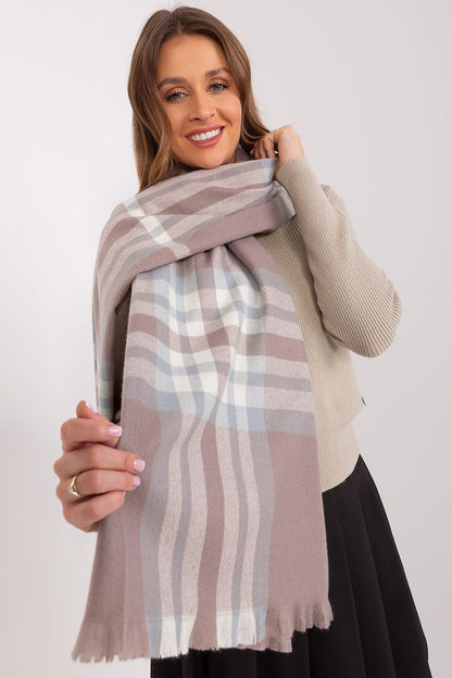 Luxurious long colourful plaid scarf by AT, crafted from 100% polyester, perfect for stylish winter layering.